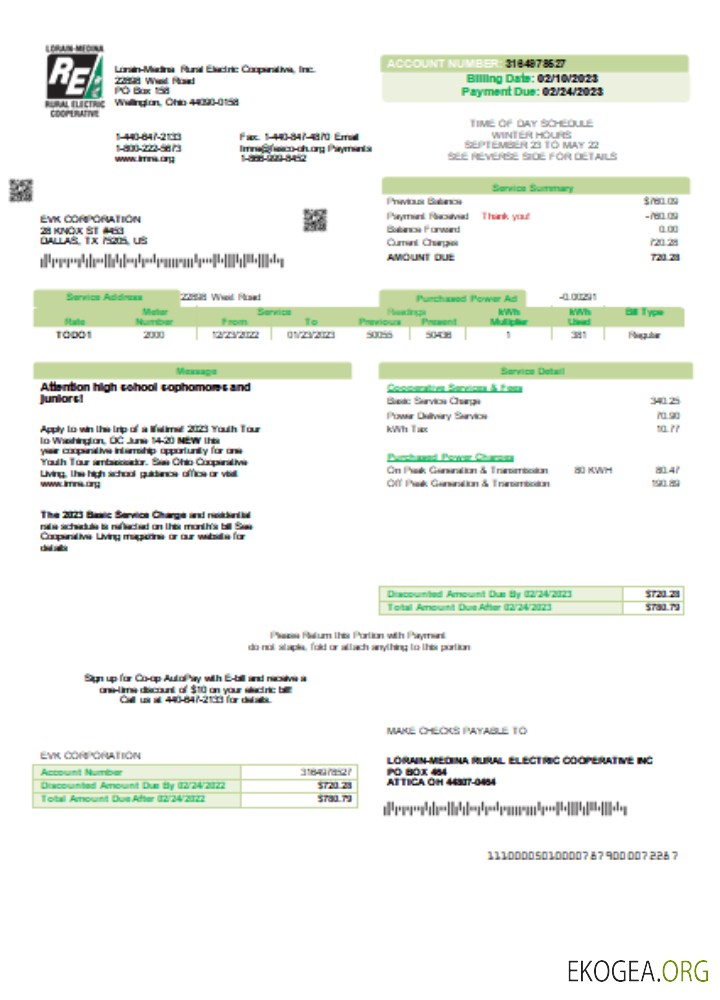 Facture commerciale de service public d'électricité rurale de Lorain Medina, SCR